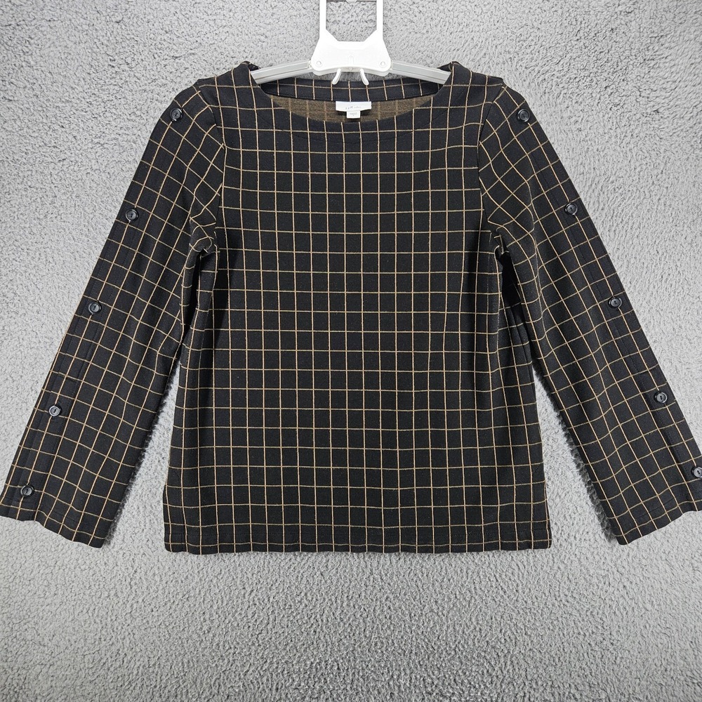 J. Jill Ponte Knit Windowpane Top Small Black Tan Button Sleeve Boat Neck